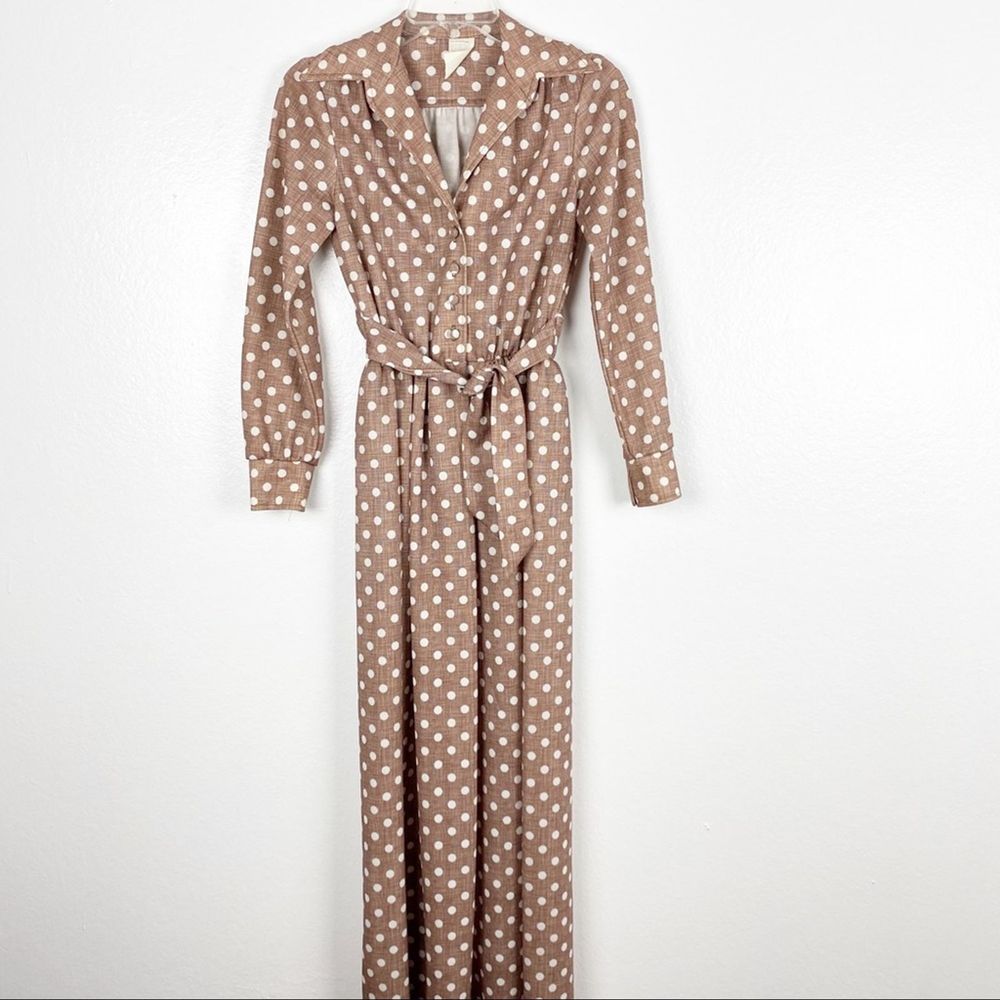 Vintage Brown & White Polka Dot Long Sleeves Belted Elastic Waist Maxi Dress